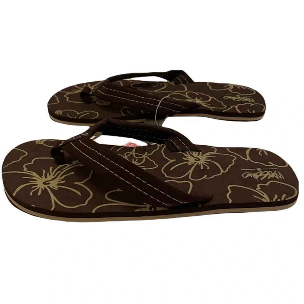 Brown Tropical Flower Flip Flops Casual Floral Unisex Non Gender Kids Size L 3/4